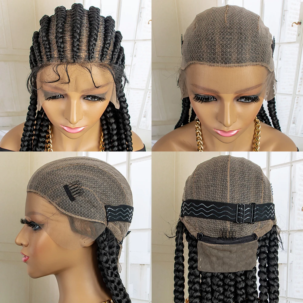 Wig kepang kotak Cornrow renda penuh 36 inci untuk wanita warna hitam Wig kepang Cornrow Wig dewi kepang dengan rambut bayi