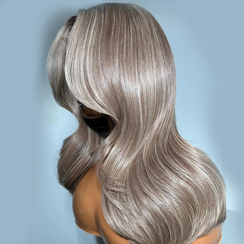 Highlight Grey Colored Lace Frontal Synthetic Hair Wig 13x4 Body Wave Hair Transparent Lace Front Wig 5x5 Lace Closure Wigs