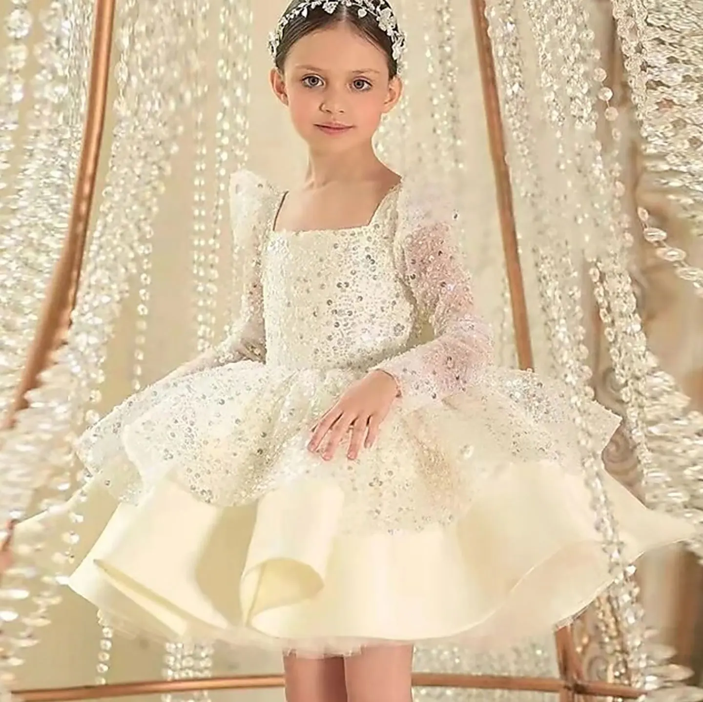 

Dreamy Vow Luxury Square Collar Beading Long Sleeves Flower Girl Dress With Bow Wedding Birthday Knee Length Ball Gown 2025 D056