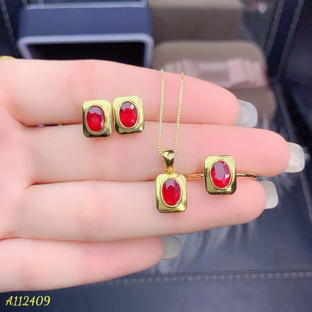 

KJJEAXCMY Natural High Purity High-end Ruby Women's Necklace Ring Set S925 Pure Silver Electroplated Gold Gift for Girlfriend