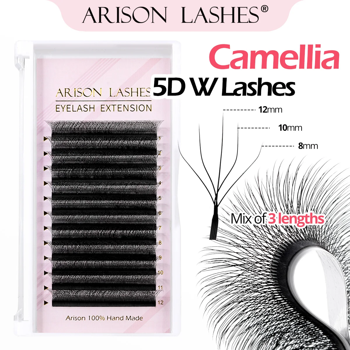 ARISON Camellia 5D W-Shape Lashes Many-length Premade Fan Eyelashes Extension Different Lengths W5D False Eyelash For Wholesale