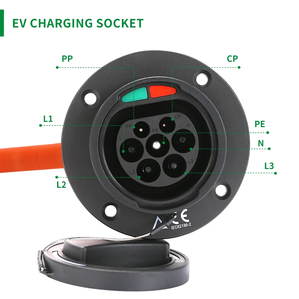 EV Carregamento Type2 soquete 32A Único trifásico IEC 62196 ‑ 2 soquete IP54 Proteção impermeável