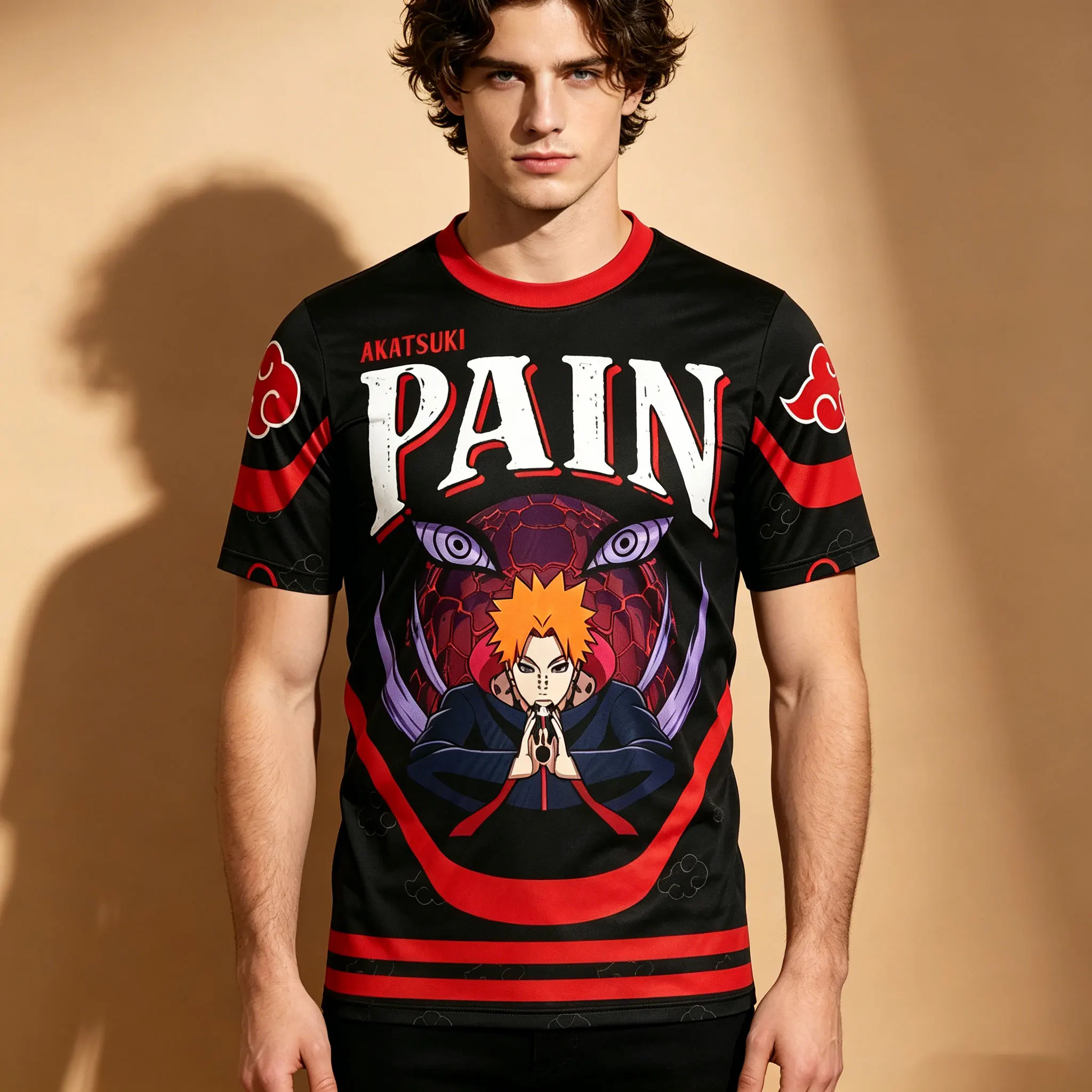 Herren-T-Shirt mit Naruto Pain Nagato Akatsuki Red Cloud-Print vorne und hinten, atmungsaktives, schnell trocknendes Anime-Sport-Trainings-Trikot mit Rundhalsausschnitt