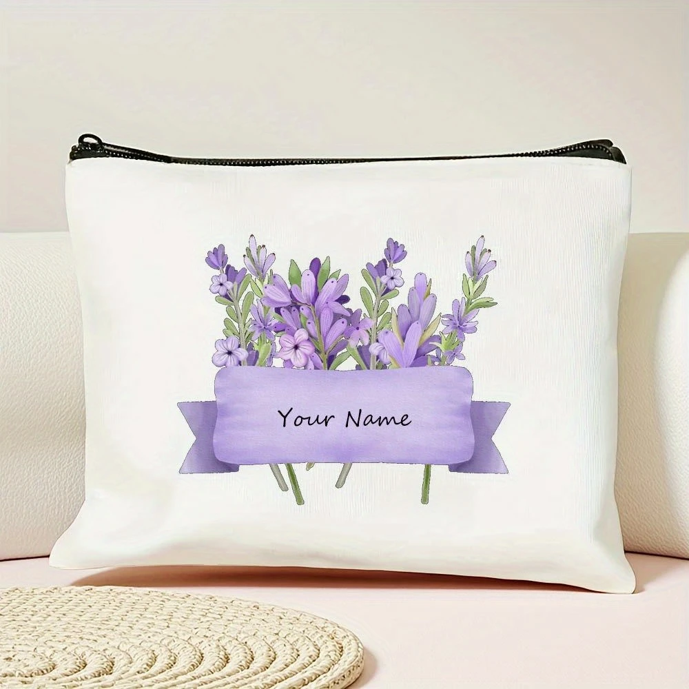 Personalized Vintage Floral Makeup Bag - Customizable Purple Tulip And Lavender Cosmetic Pouch, Durable Polyester Gift Suitable