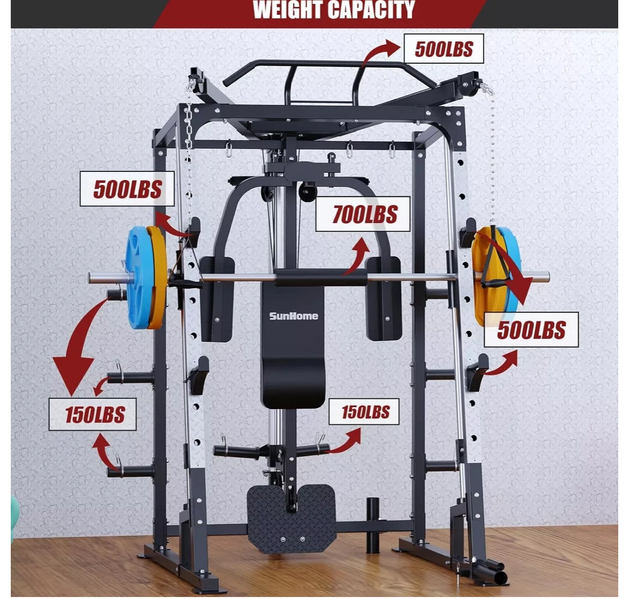 

Buy 5 get 3 free Smith Machine Power Cage Squat Rack with Smith Bar Cable Crossover Machine