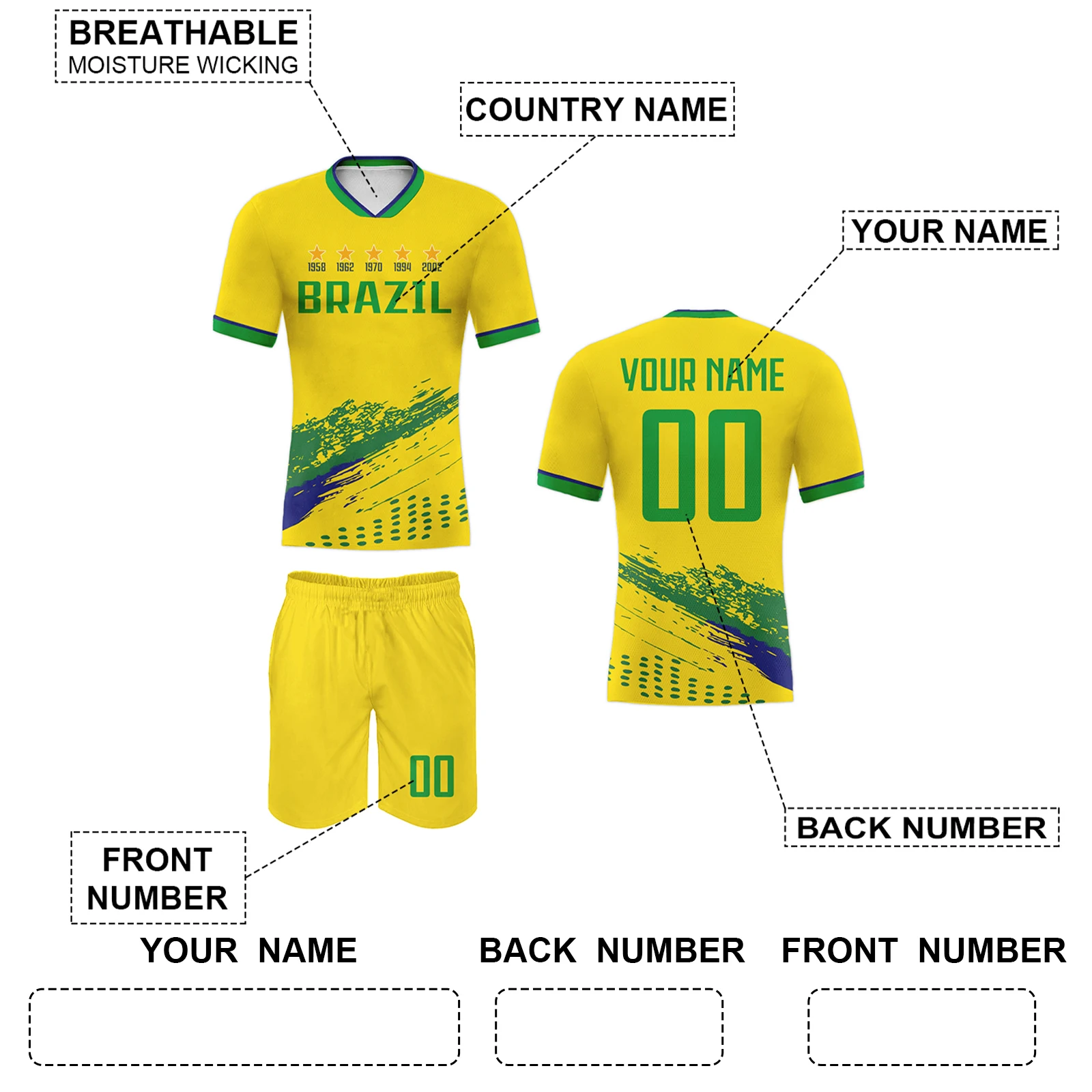 Custom Brazil Football Kit For Adult Soccer Jersey and Shorts Set Personalized Team Name Number Training Outfit for Men Women