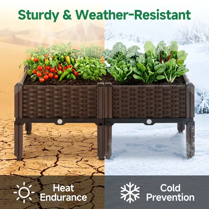 Outdoor Raised Garden Bed with Support Legs, Rattan Texture Plastic Elevated Planter, Above Ground Garden Growing Box for Vegetable Herb Flower, Great for Patio Yard Balcony Family Gardening Project
