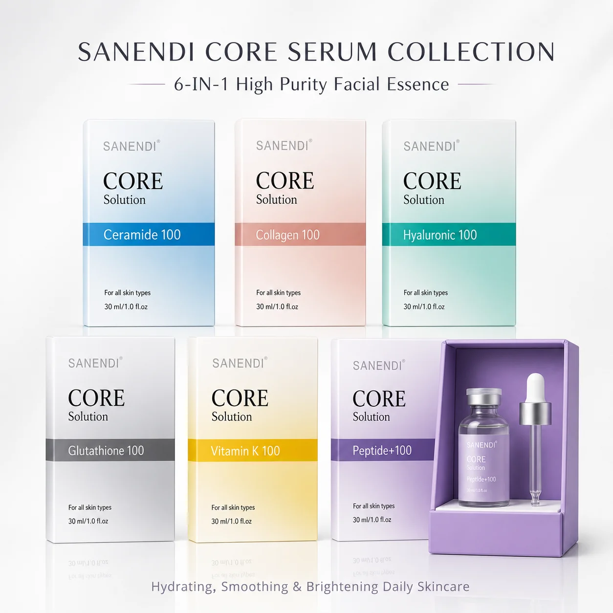 

SANENDI CORE 100 Solution 6 Kinds Facial Ampoule Serum 30ml Multi-Type Skin Care Essence Daily Skin Serum For All Skin Types