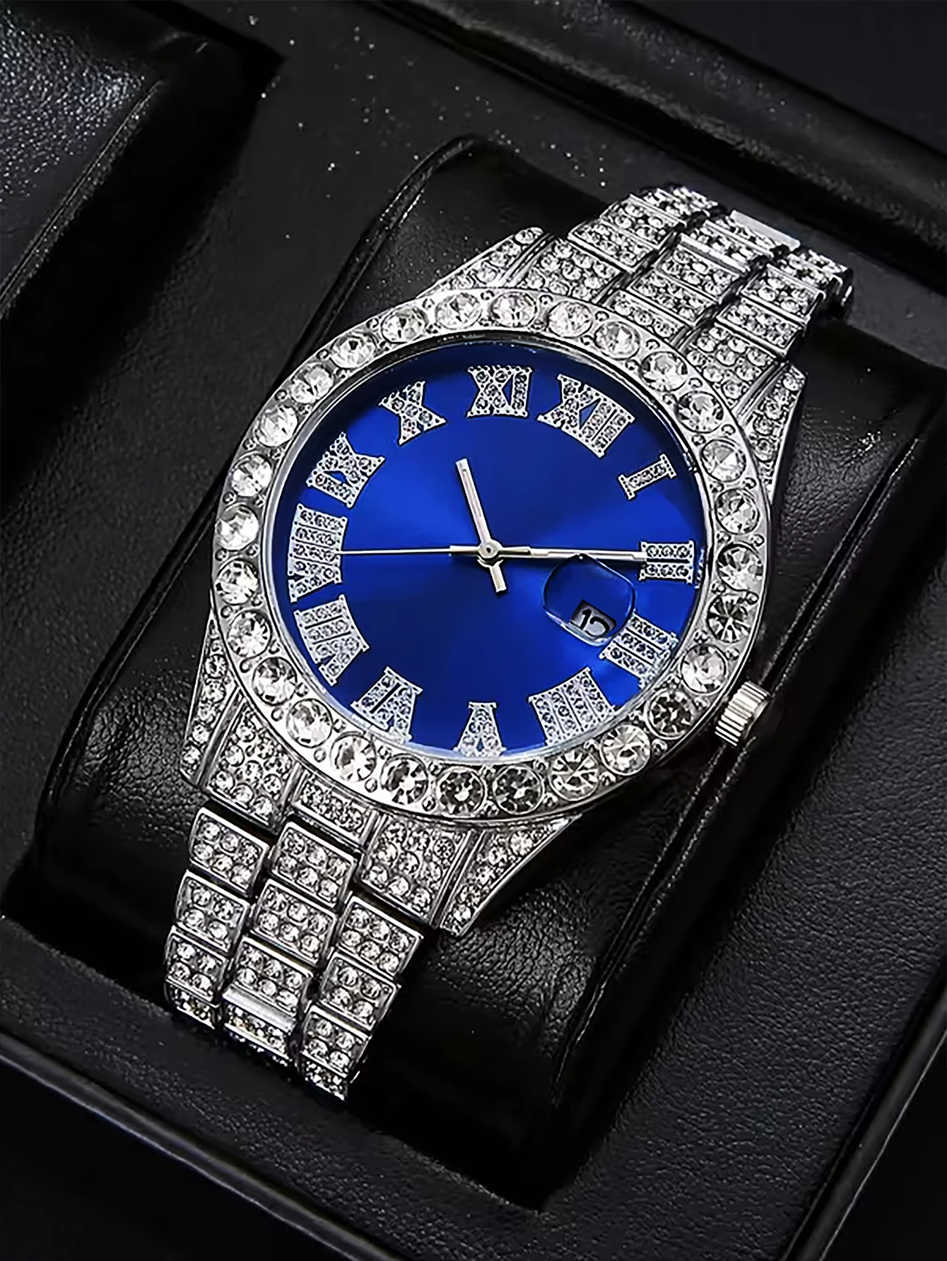 3-Piece Set, Men's Luxury Quartz Watch with Hip-Hop Cuban Bracelet and Necklace Set, Blue Dial, with Calendar, Suitable for Various Occasions, a Great Gift for Father or Boyfriend.