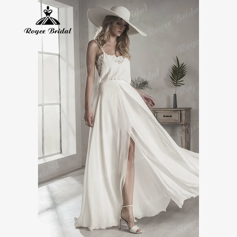 Flowy Lace Chiffon Boho Spaghetti Straps Split Middle Wedding Dress for Women 2024 Bridal Gown vestido boda robe boheme femme