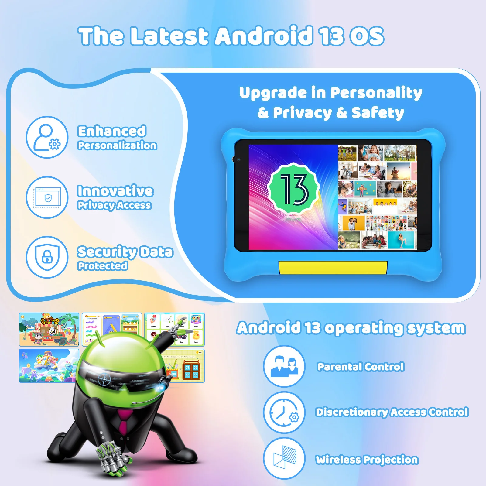 TK707 Tablet per bambini da 7 pollici Android 13 Quad Core 5 GB RAM 32 GB ROM 128 GB Espandi WiFi Bluetooth Regalo per bambini Software per bambini Gioco Pad