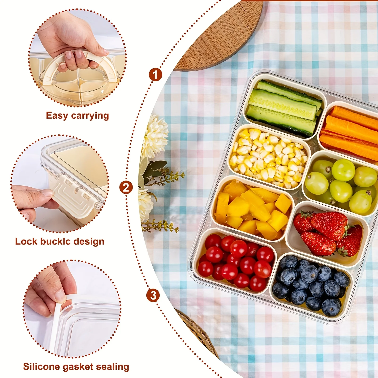 1pc Handheld split format snack tray, four sided snap on PP transparent material with lid sealed storage box view 5