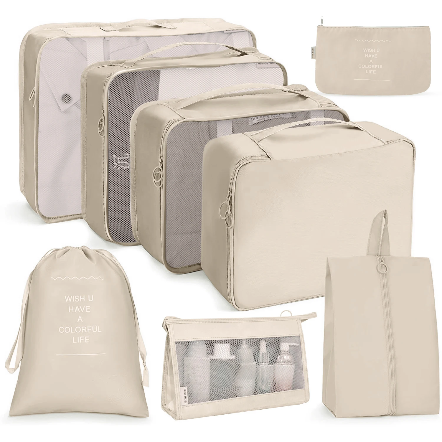 Lot de 8 cubes de rangement pour valises, organiseurs de bagages de voyage avec sac à linge, sac de compression pour chaussures, sac pour vêtements et sous-vêtements