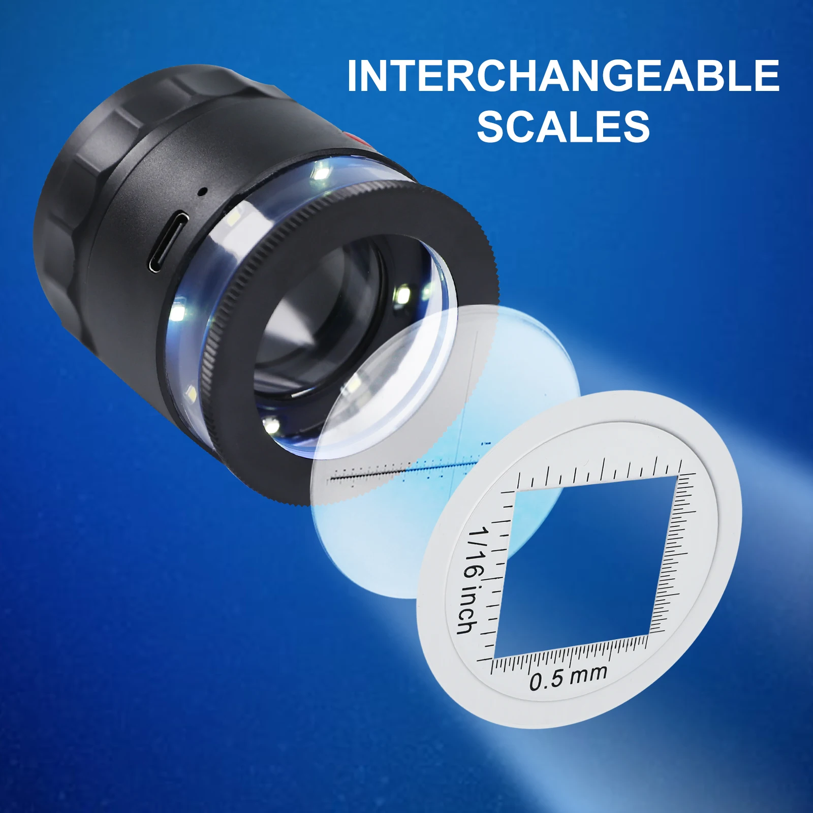 New 10x Rechargeable Scale Loupe Magnifier, 30mm Lens K9 Optical Glass 4 LEDs and 4 UV LEDs Light Durable and Lightweight