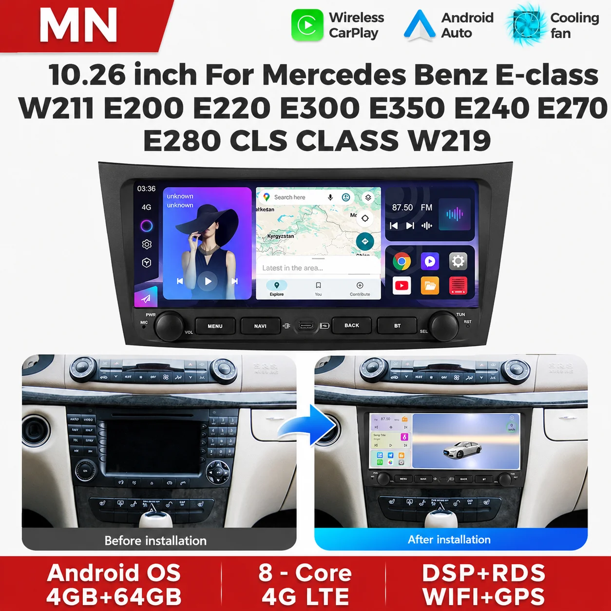 10.26inch Android Auto Carplay Car Radio For Mercedes Benz E-class W211 E200 E220 E300 E350 E240 E270 E280 CLS CLASS W219 GPS 4G