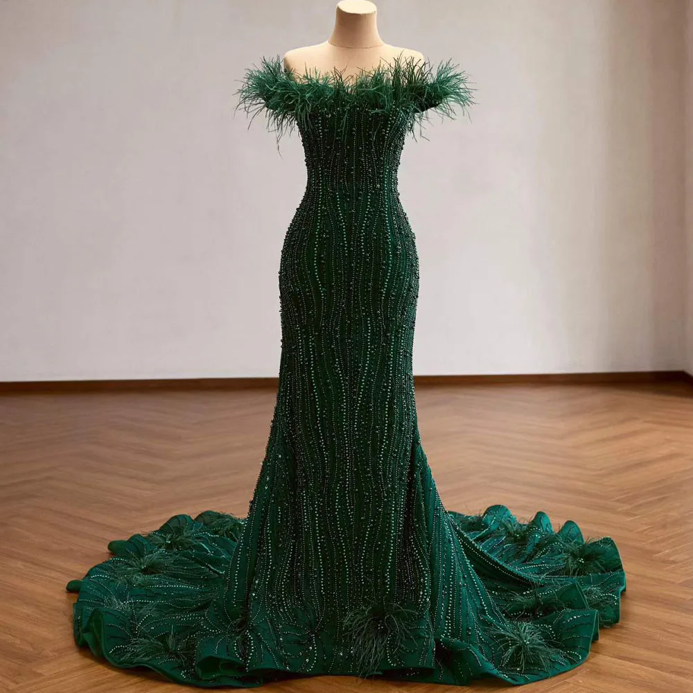Evening Dress Green Off The Shoulder Lace Up Back Beaded Pearl Mermaid Prom Wedding Guest Dress