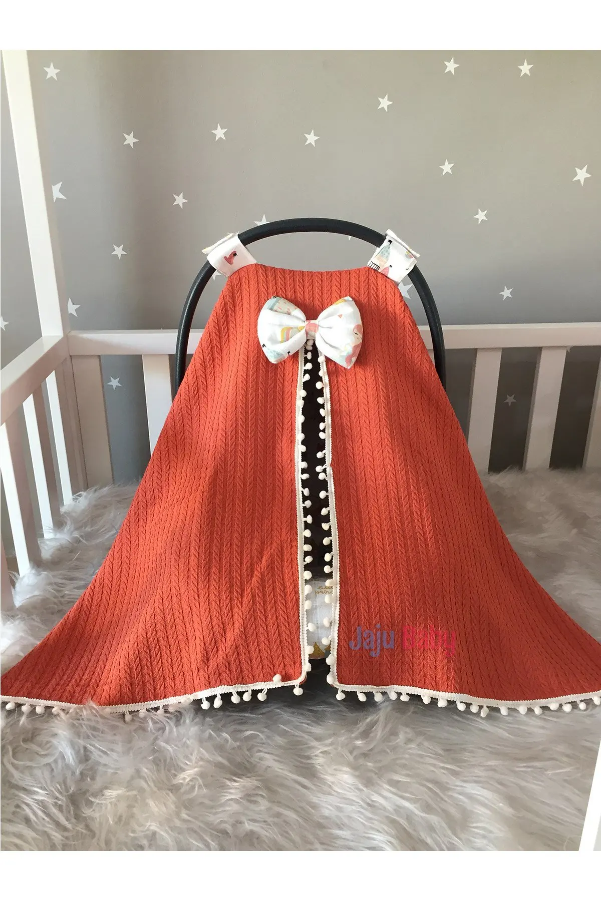 Handmade Brick Knit and Muslin Fabric Pompom Stroller Cover and Sheet