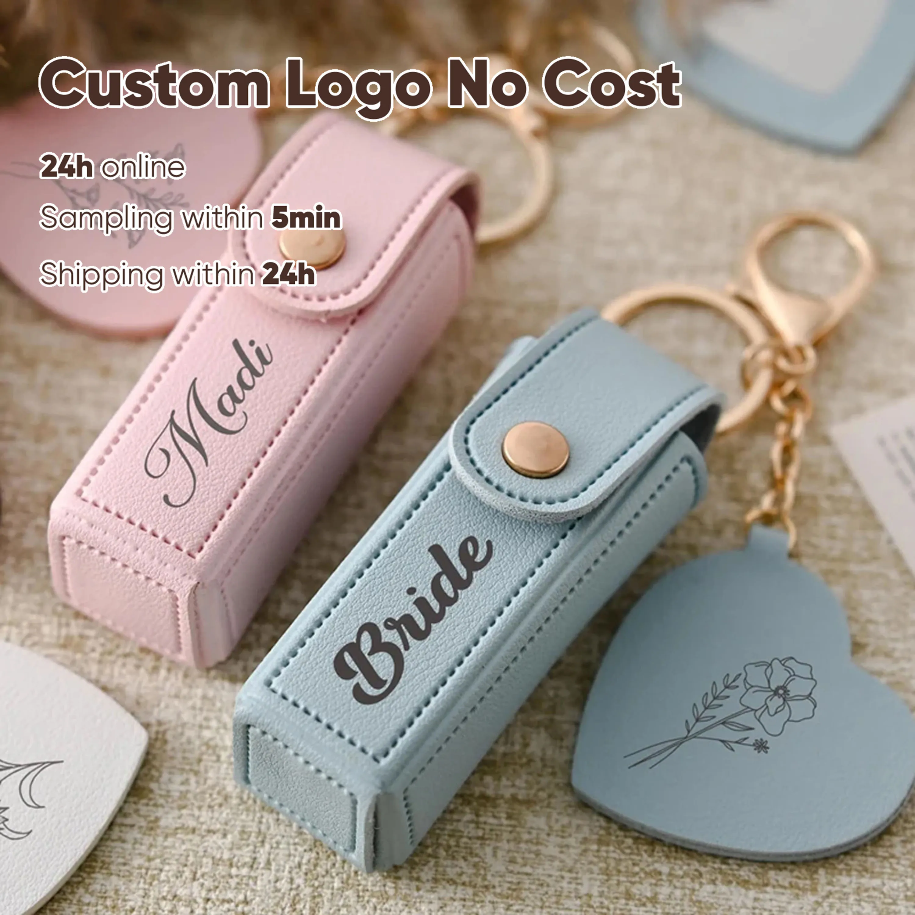

ALEX STREETER Free Customization Portable Lipstick Bag Gifts PU Leather Keychain Love Mini Makeup Mirror Bridesmaid Gifts
