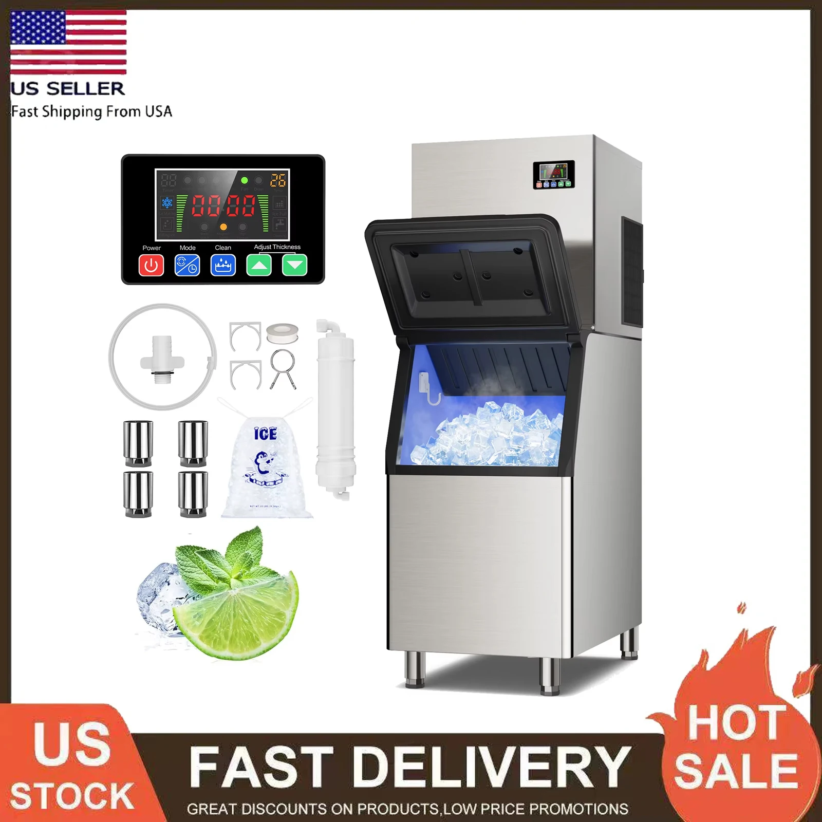 

Коммерческая Машина для льда 650 фунтов/24 ч, контейнер для хранения 400 фунтов, 156 кубиков льда, 6 систем воздушного охлаждения ndustrial