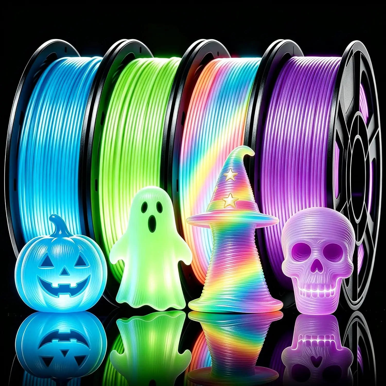 Halloween 4-Pack PLA Glow-in-the-Dark 3D Printer Filament Assorted Colors Blue Green Purple Rainbow 250g Each 1.75mm Diameter