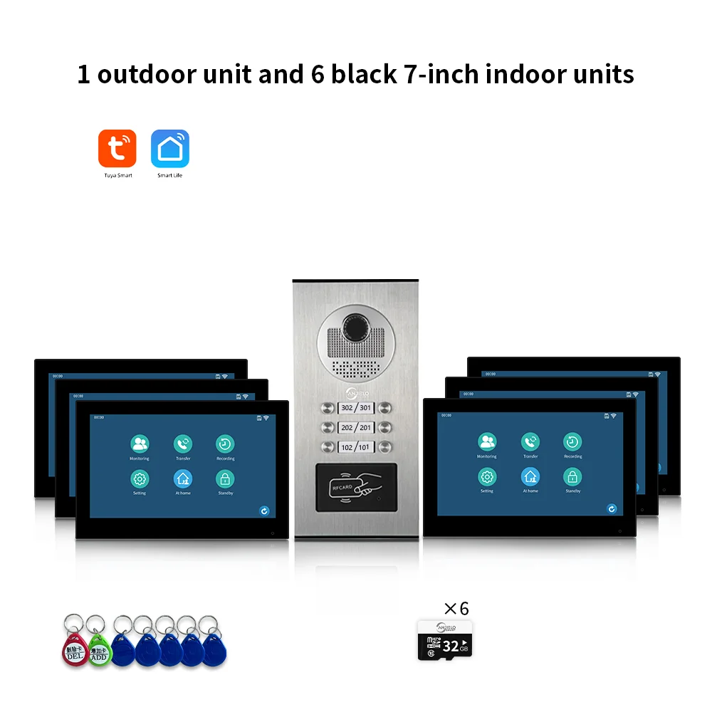 ANJIELO 7-inch 2/3/4/6/8/10/12-unit multi-unit deurbel video-intercomsysteem 1080P display Tuya slimme videodeurbel
