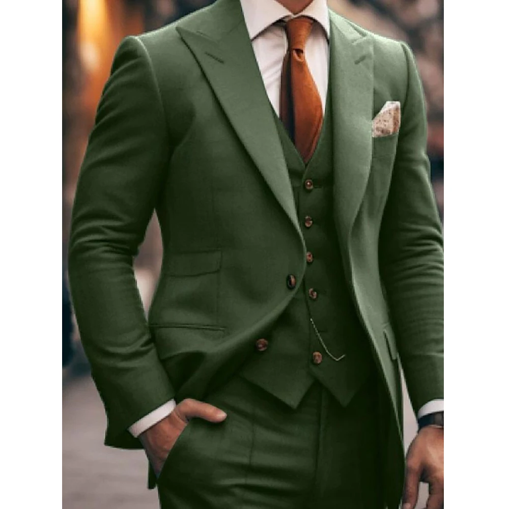 Bespoke Solid Color Men's Suits Peak Lapel Single Breasted 3 Piece Sets Jacket Pants Vest Formal Prom Party Wedding Blazer 2025