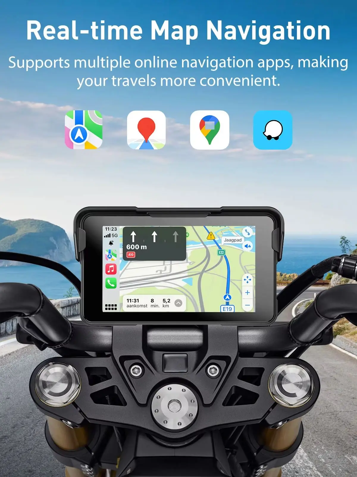 ESSGOO 5 Zoll tragbares Carplay-Motorrad für kabelloses Carplay Android Auto IP67 wasserdicht GPS-Navigation Bluetooth Touchscreen USB TF Digitales Motorrad-Armaturenbrett-Display Motorradzubehör