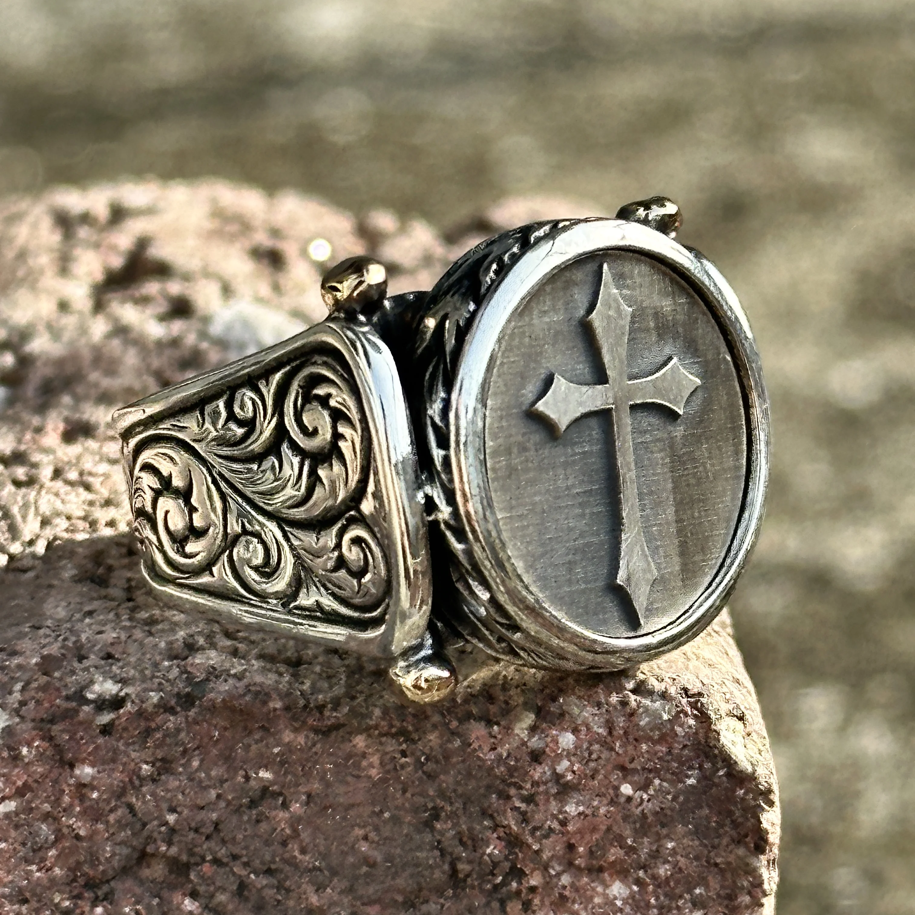 

Silver Christian Ring, Engraved Cross Ring,Religious Cross Ring Silver Baptism Gift Silver Signet Ring, Handmade Cross Ring