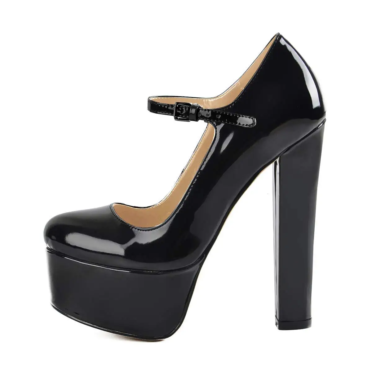 Women Patent Round Toe Platform Block Heel Mary Jane Pumps Ankle Strap Shoes Multi-color