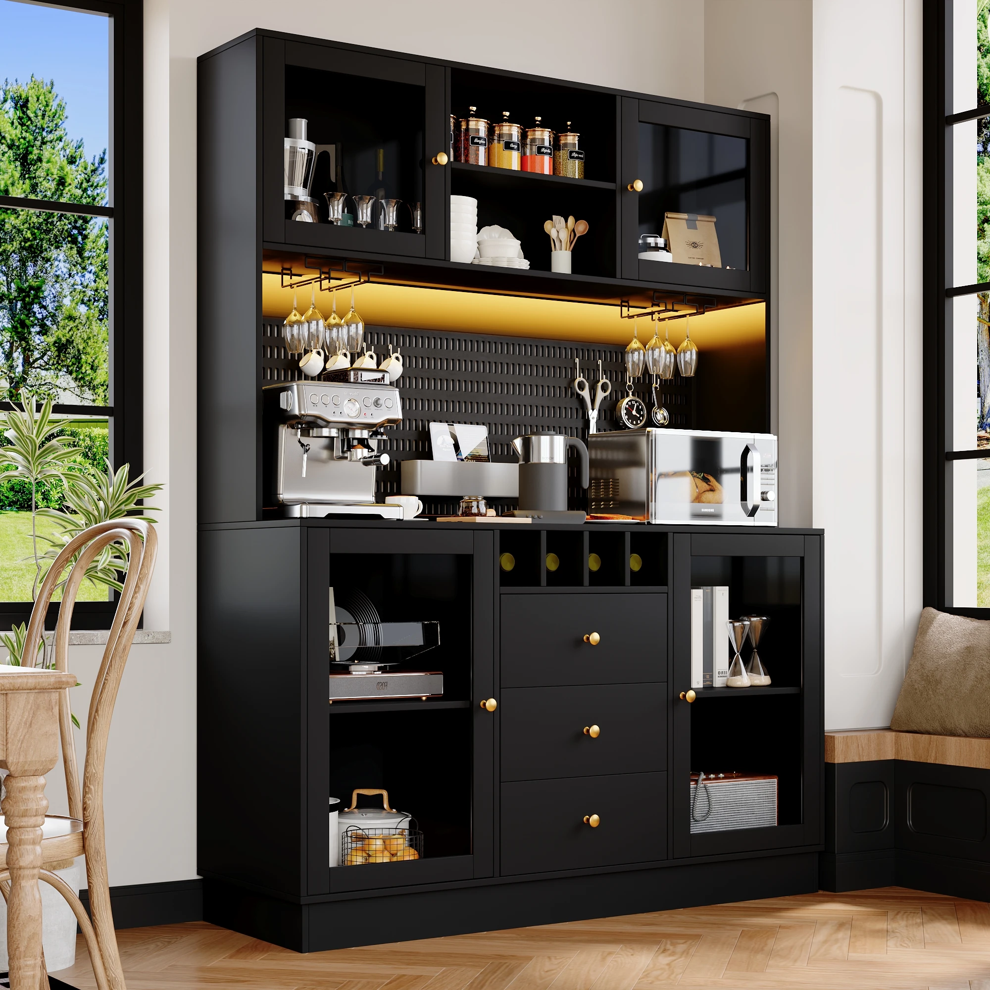 Moderner Hochschrank, Küchenschrank mit Smart LED Beleuchtung, Hochschränke fürs Wohnzimmer,Seitenschrank mit Weinregal und Kipp