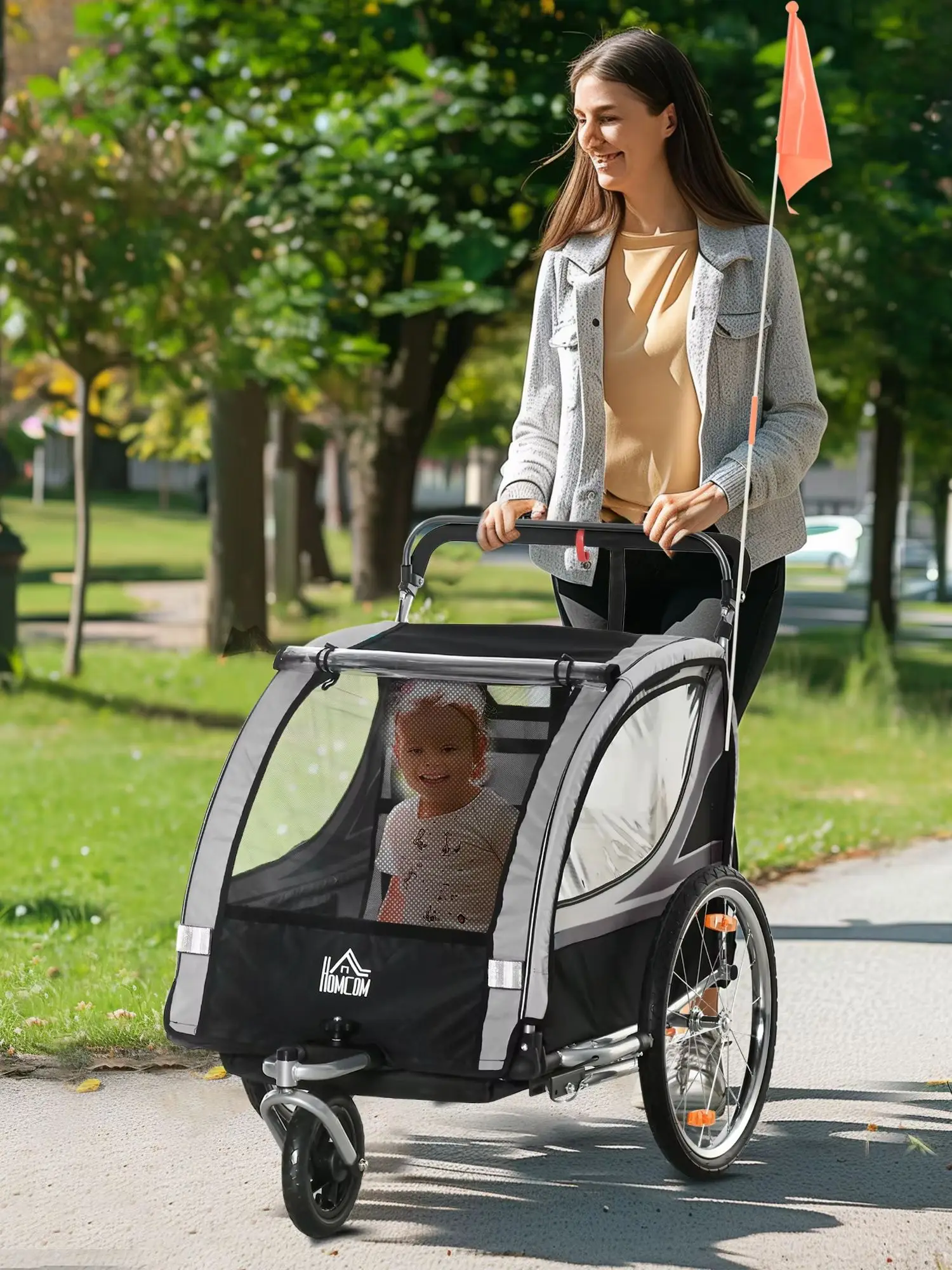Zweisitziger faltbarer Kinder-Jogger-Fahrradanhänger 2-in-1, Kinder-Schiebewagen mit Bremse & Schiebegriff, wetterfestes Gewebe, stoßdämpfende Räder, sichere Fußbremse, große Kabine für zwei Kinder,