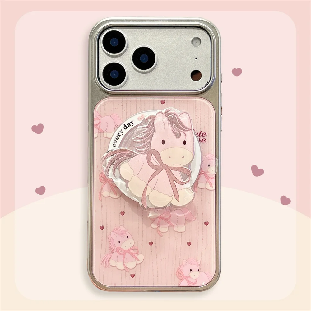 

New Pink Bow Pony Fro Magnetic Case with Magnetic Bracket for iPhone 17 Pro/13/14/15/16 Pro Max Anti Drop Edition