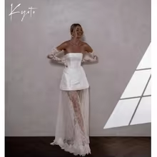 Kyoto Customized Strapless White Satin Wedding Dress Detachable Long Lace Train And Sleeves vestidos de novia Zip Back Formal - AliExpress 
