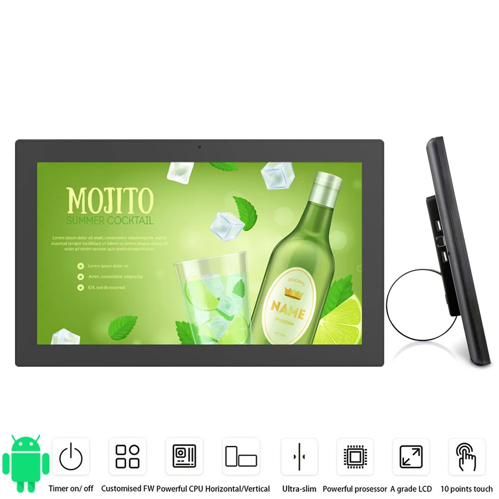 Segnaletica digitale android da 18.5 pollici montata a parete con touch screen, Rockchip3399, HEXA core, wifi, RJ45, Bluetooth, porte i/o ricche