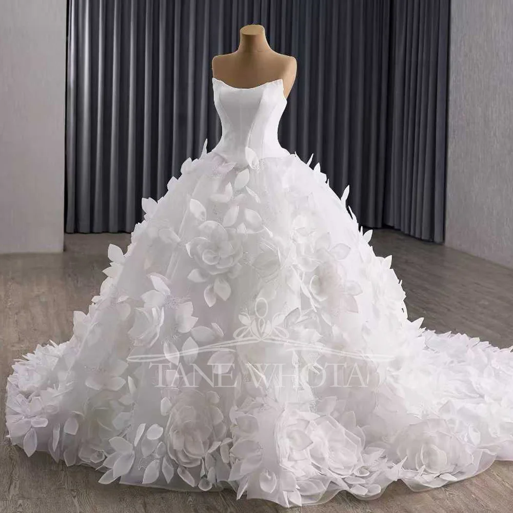 

Modern 3D Flower Satin Strapless Ball Gown Wedding Dress Robe Mariee Ivory Vestido De Noiva Casamento