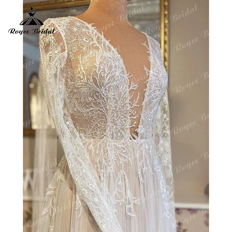 Vestido De Novia 2020 Champagne A Line فستان الزفاف كم طويل دانتيل رقبة V عميقة تول سويب تراين vestido para boda playa 2022