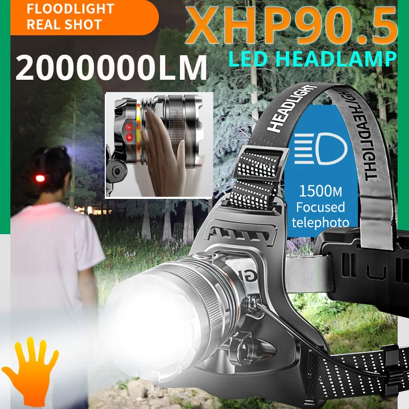 2000000LM LED Headlamp Sensor Headlight XHP90.5 USB Rechargeable Head Lamp Torch Light Zoom Lantern Flashlight By 18650 Battery