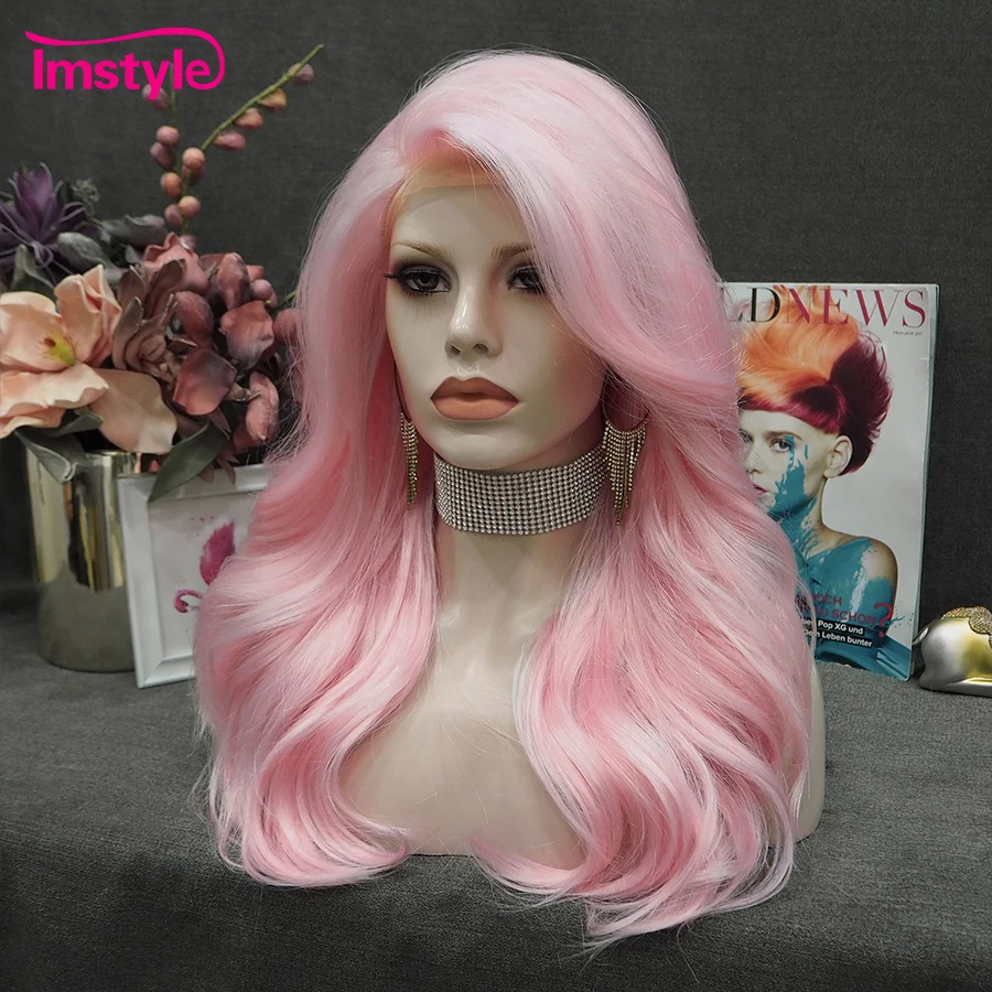 Imstyle Pink Lace Wig Synthetic Lace Front Wig Heat Resistant Fiber Natural Wavy Wigs For Cosplay Wigs Women Wig