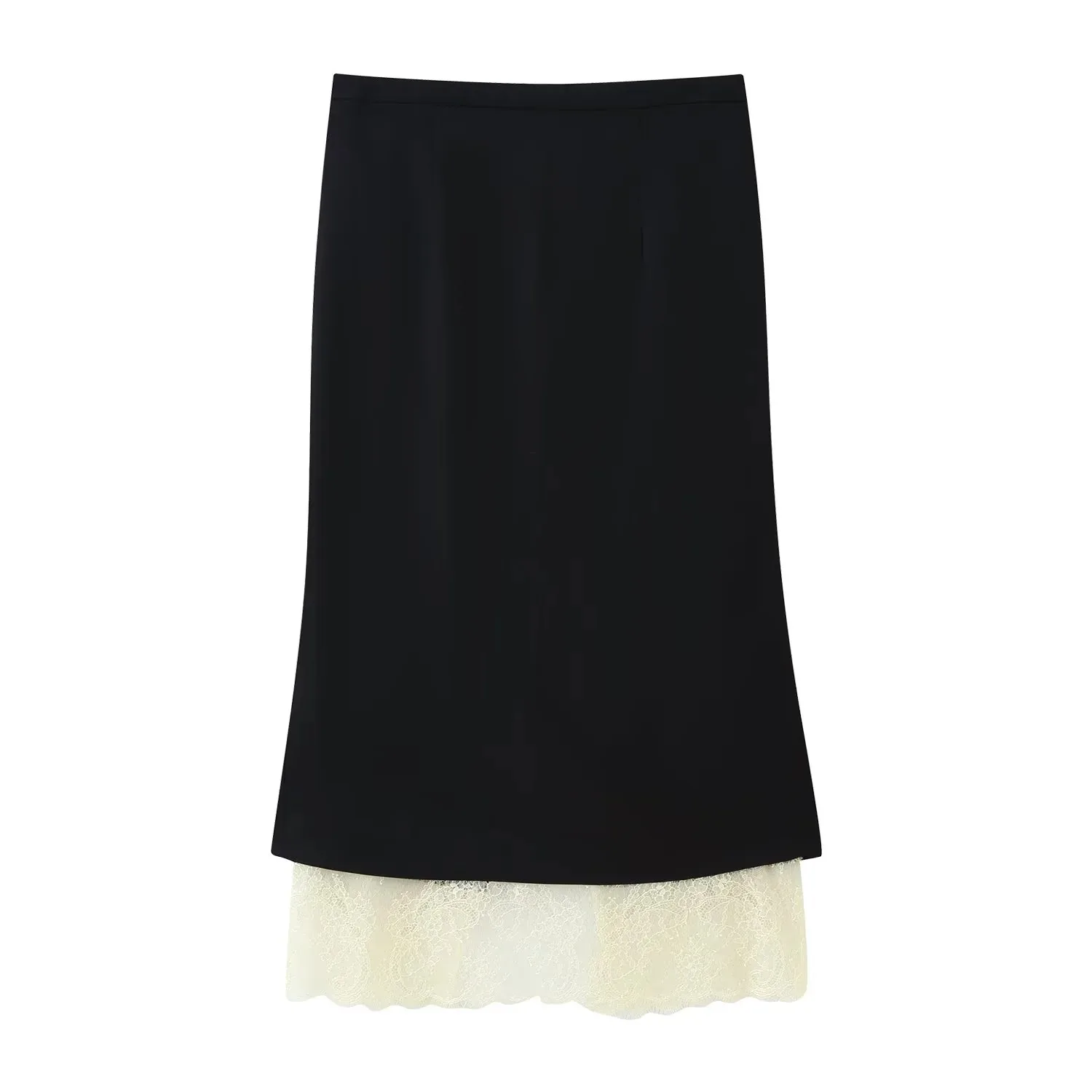 Women Black High Waist Midi Skirt Lace Patchwork Back Slit Pencil Skirt Elegant Office Lady Party Straight Long Skirt 2026