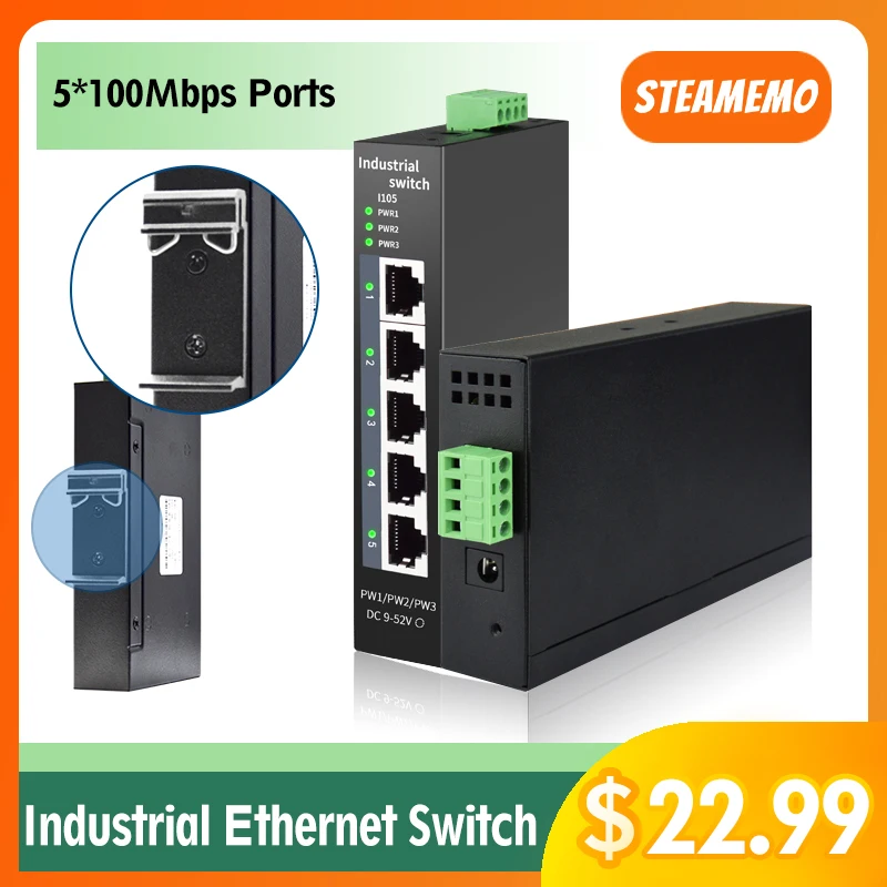 STEAMEMO-conmutador de red Industrial Ethernet, conmutador de red Industrial con Base de puerto de 5 10/100mbps, T DIN IP40