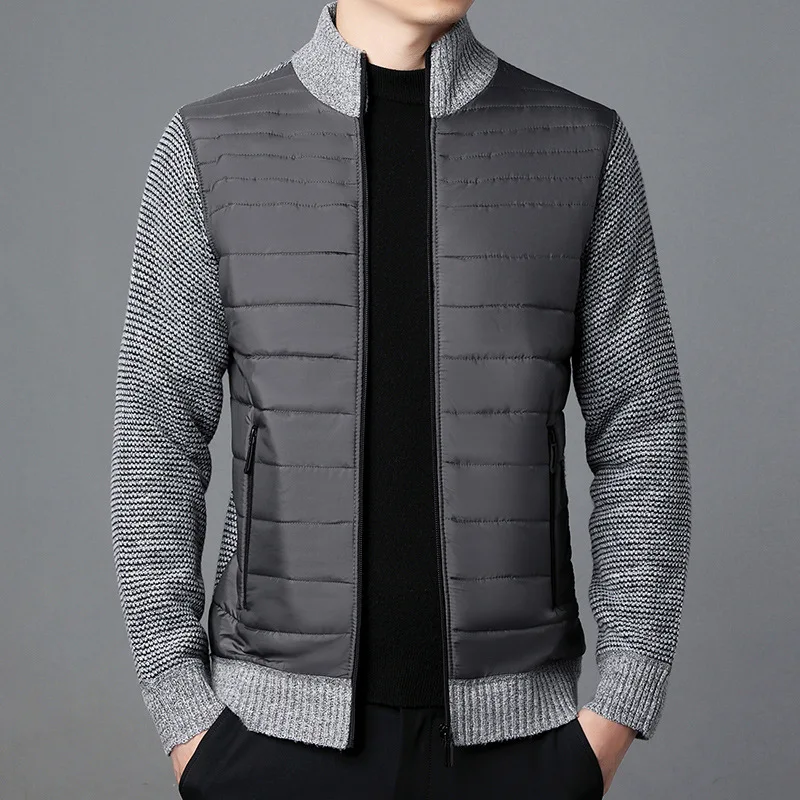 Chaqueta de lana cálida para hombre, abrigo de punto de retazos, chaquetas de punto casuales, prendas de vestir exteriores de cuello alto, chaquetas