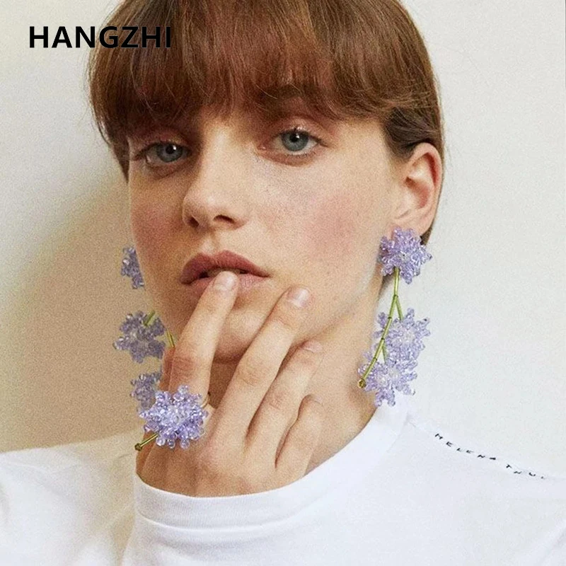 HangZhi 2022 New Lovely Purple Crystal Flowers Earrings  Fashion Charm Creative Earrings for Women Girls Jewelry Accessories