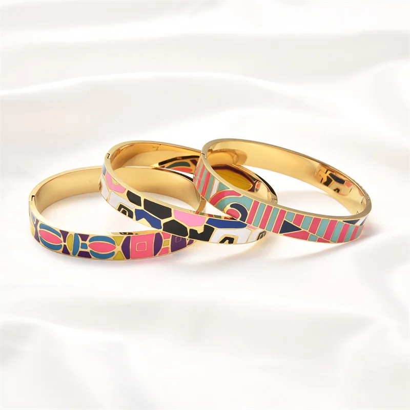 FYSARA Top Selling Fashion Stainless Steel Open Bangle For Women Gold Geometric Colorful Enamel Painted Bracelet Wedding Jewelry