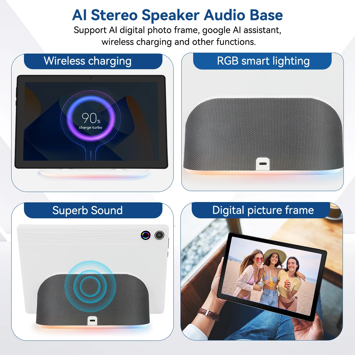 تابلت AEEZO المحدث بنظام Android 14 مع مكبر صوت ستيريو AI قاعدة توصيل Otca-Core 14GB + 64GB 1 تيرابايت توسيع WiFi 6 + BT5.3 Suport Goolge Play