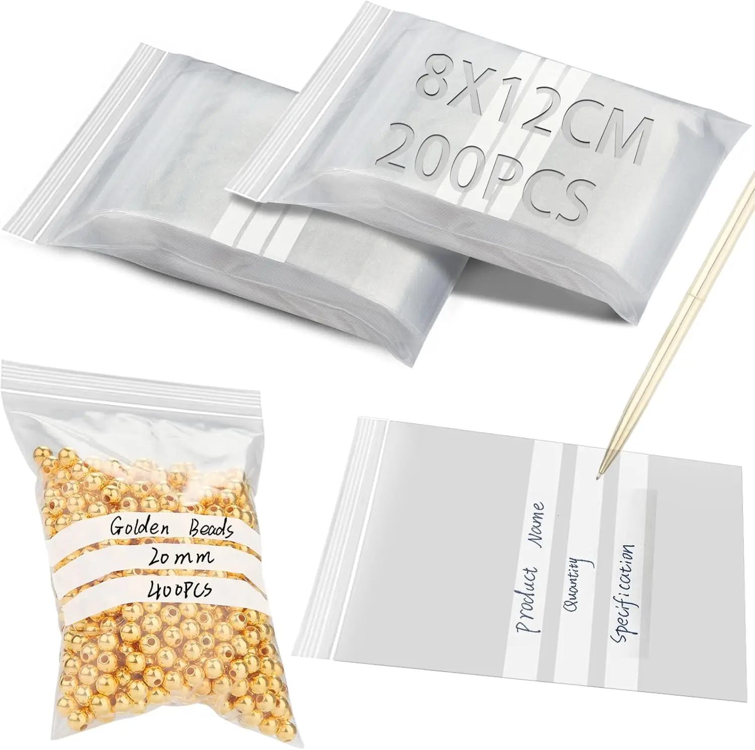 Pack of 200 Ziplock Bags 8 x 12 cm Baggys Bags with Labels Zip Bags Clear Plastic Bags Resealable Sealing Bags for Coffee Nuts