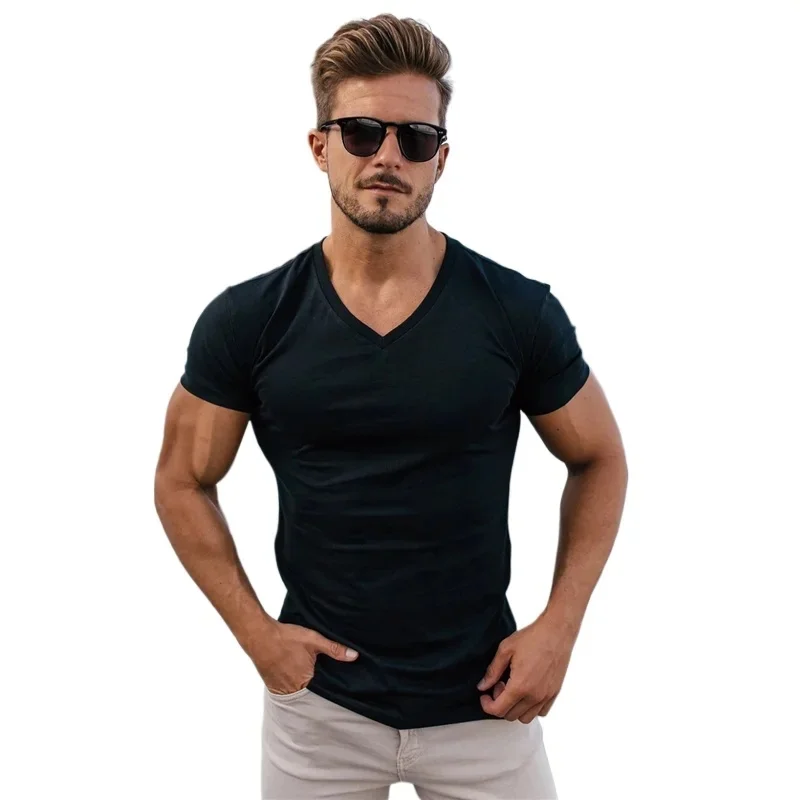 Gym T-shirt Men Fashion V Neck Short Sleeve Sports Tee Shirt Bodybuilding Fitness Workout Summer Breathable Cotton Clothing — zdjęcie 2