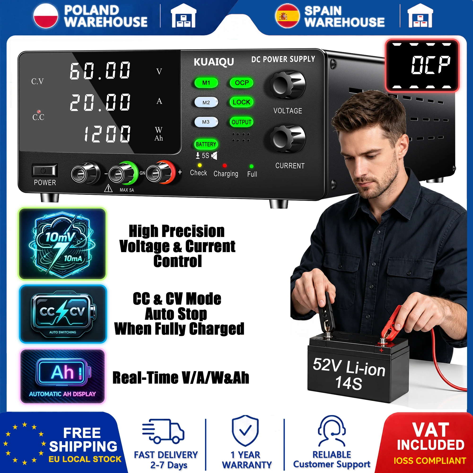 KUAIQU 600W 900W 1200W Netzteil Regelbar, Batterietestung/Batteriewartung/Ladeanwendungen/DIY-Akkupack, 12V 24V 36V 48V 52V Geregeltes Labornetzteil, OCP/SCP/MEMORY STORAGE/LOCK/OUTPUT