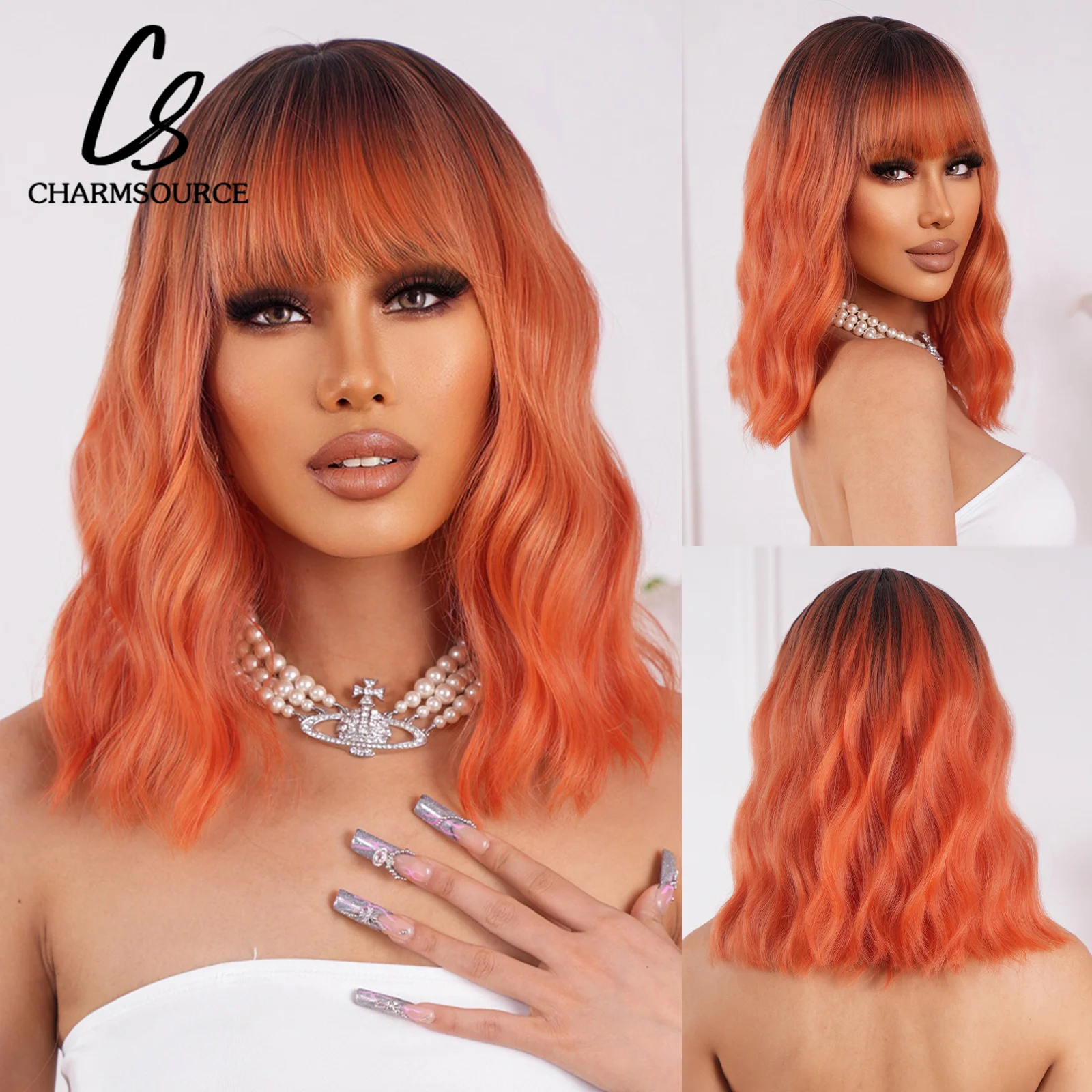 CharmSource Ombre Brown Orange Wigs Short Wavy Wigs for Women Synthetic Bob Wig Hair Party Daily High Temperature Resistance