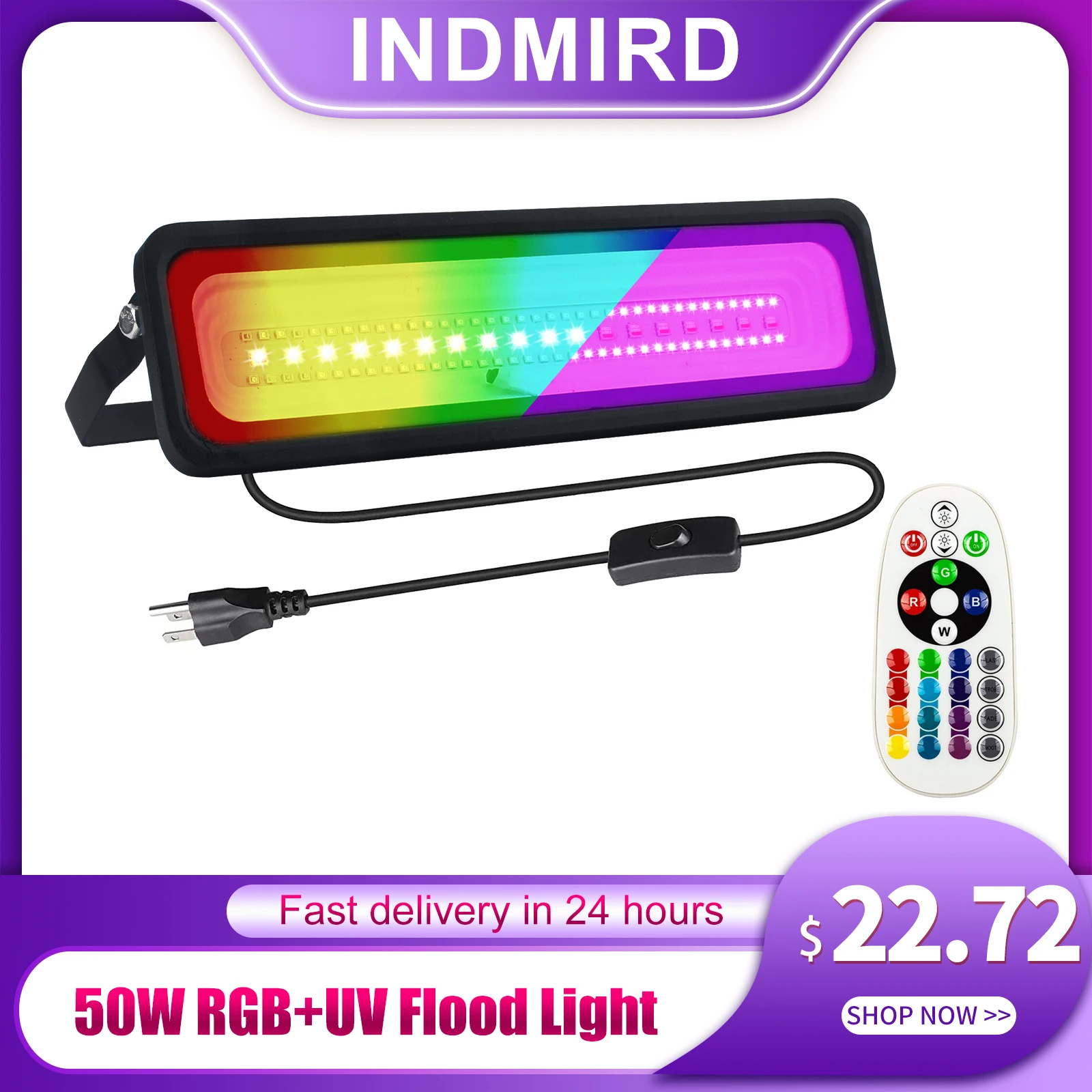 Lampu UV + RGB 50W, lampu berubah warna, lampu hitam untuk pesta menyala, lampu banjir RGB, dengan saklar dan Remote, untuk pencahayaan taman