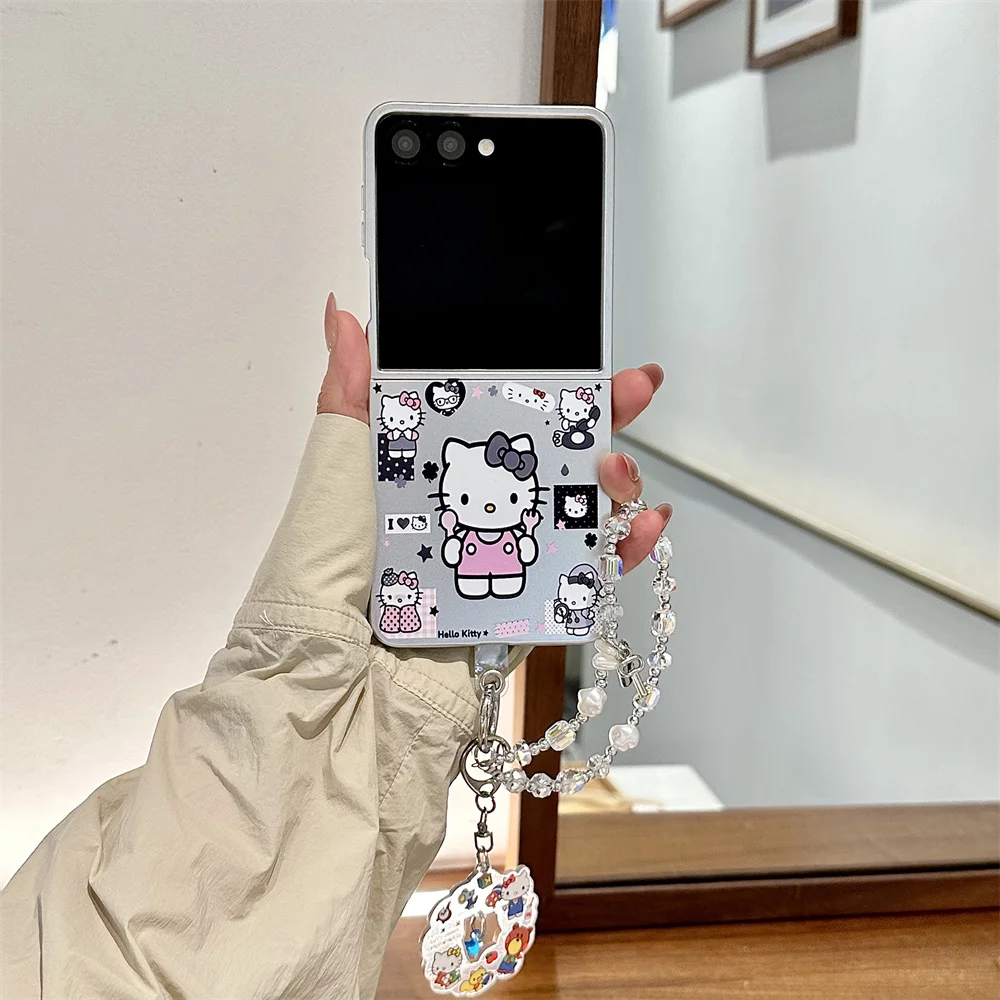 

Cute Hellokitty Silver Phone Case for Samsung Galaxy Z Flip8 7 6 5 4 3 Flip5 6 7fe Flip 7 6 Flip 6 Cover With Chain Kawaii Cases